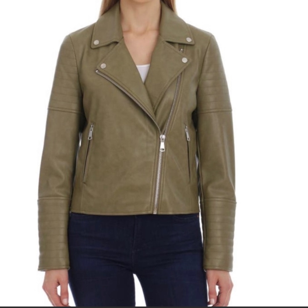 Alec Les Filles Faux Leather Olive Green Moto Jacket Size Small